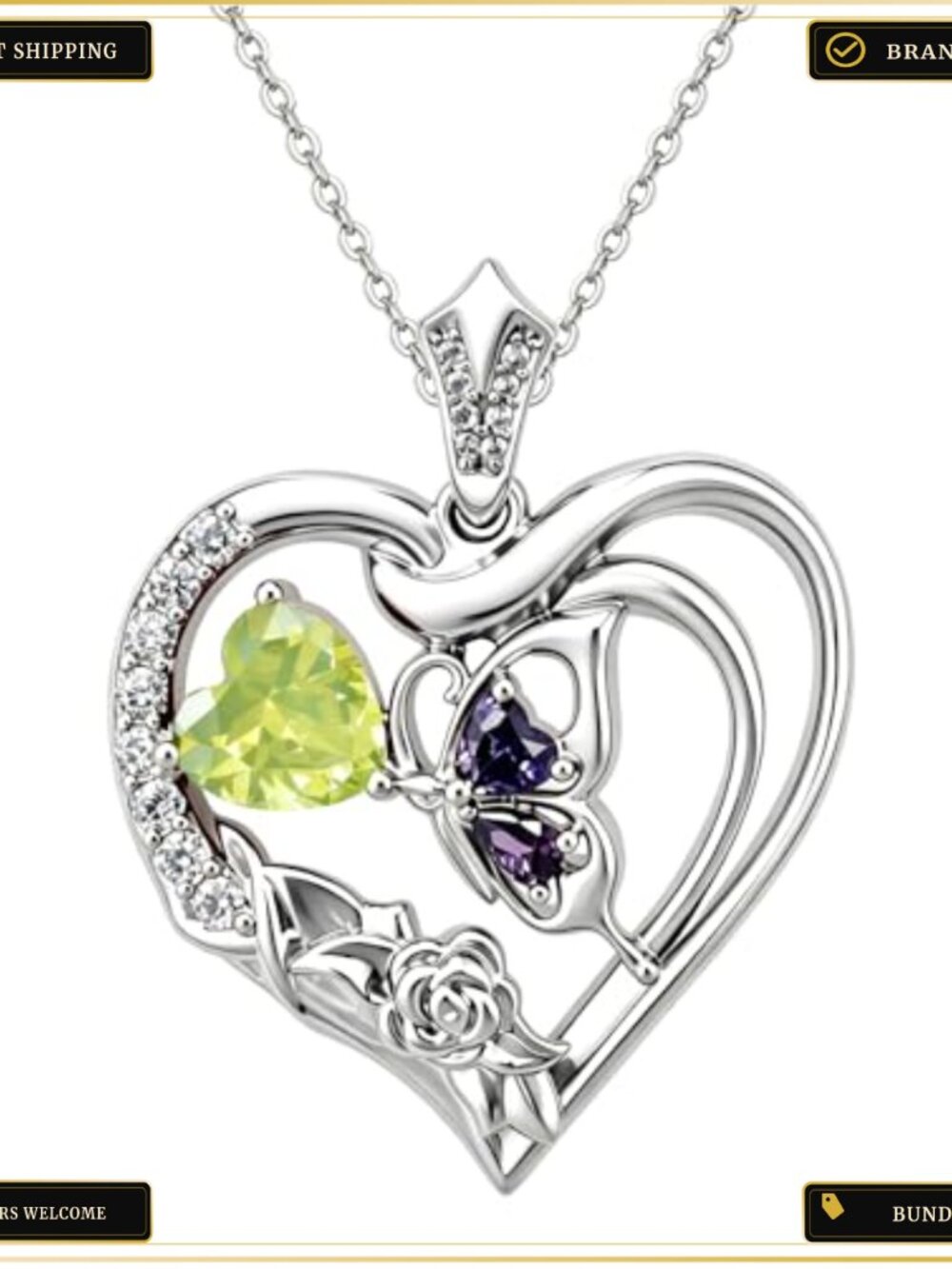 18K White Gold Plated Heart Pendant Necklace with Butterfly Rose Crystal - Picture 1 of 6